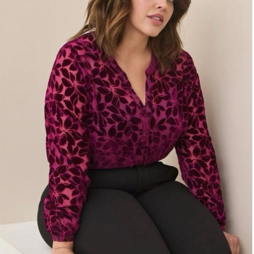 Torrid Burgundy Floral Burnout Velvet Long Sleeve Hi Low Pullover Top Size 1X